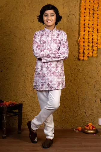 Boys lilac rayon diamond motifs embroidered printed kurta pyjama set