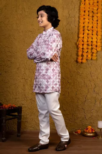 Boys lilac rayon diamond motifs embroidered printed kurta pyjama set
