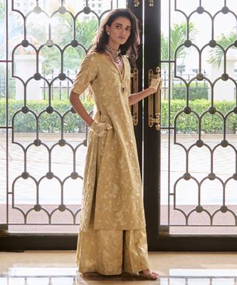 Beige printed jacquard kurta set 1