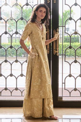Beige printed jacquard kurta set