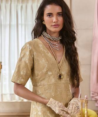 Beige printed jacquard kurta set 2