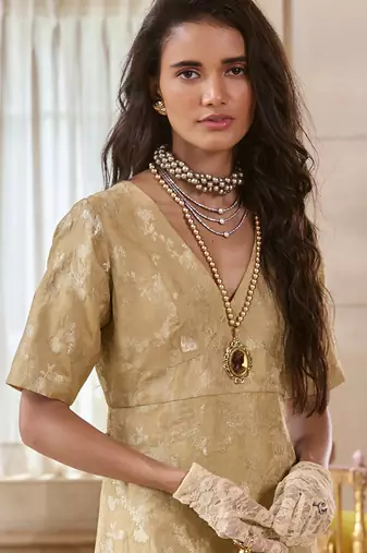 Beige printed jacquard kurta set
