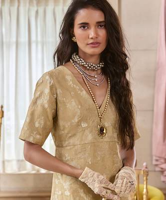 Beige printed jacquard kurta set 3
