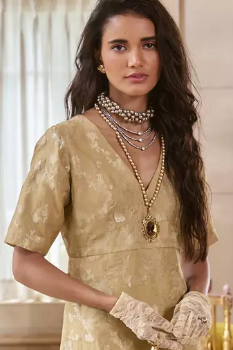 Beige printed jacquard kurta set