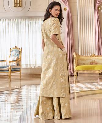 Beige printed jacquard kurta set 4