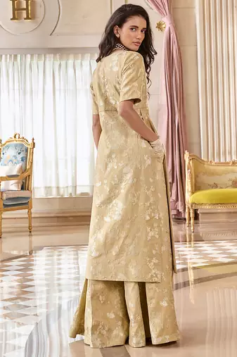 Beige printed jacquard kurta set