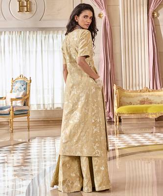 Beige printed jacquard kurta set 5