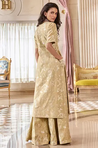 Beige printed jacquard kurta set