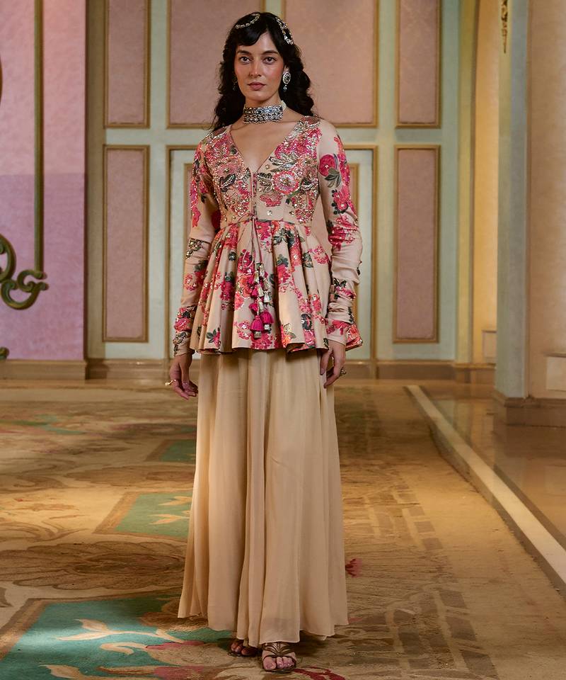 Multicolor printed silk kurta set
