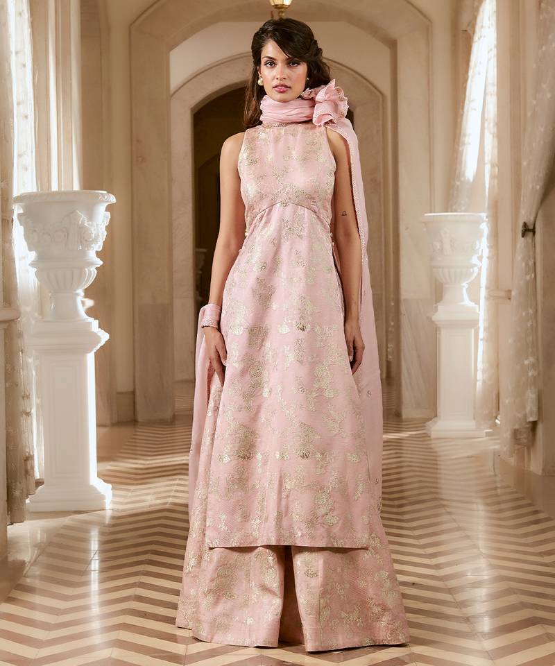 Pink embroidered jacquard kurta set