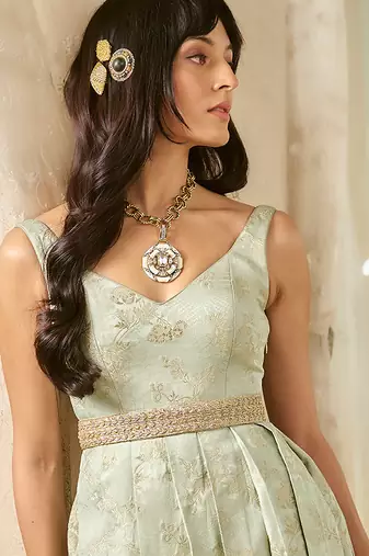 Green embroidered jacquard gown