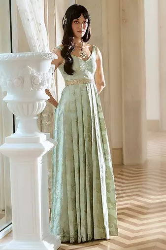 Green embroidered jacquard gown