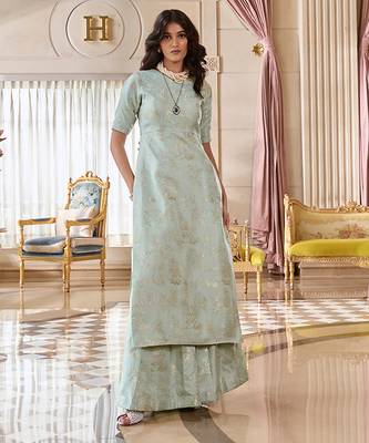Blue embroidered jacquard kurta set 1