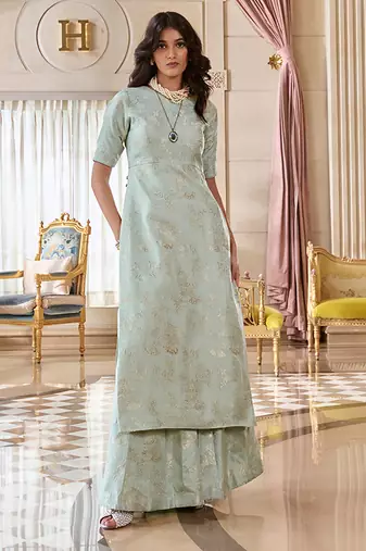 Blue embroidered jacquard kurta set