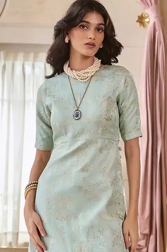 Blue embroidered jacquard kurta set