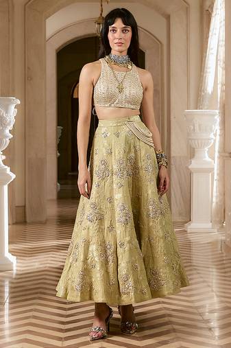 Green embroidered silk skirt set