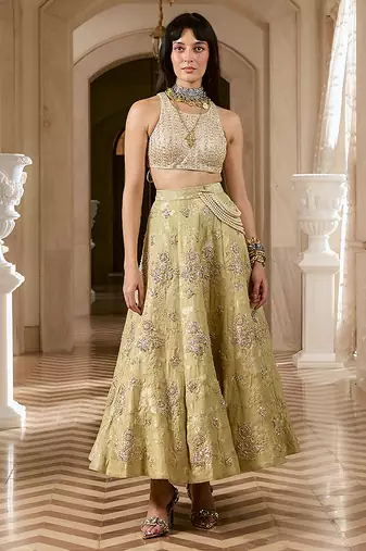 Green embroidered silk skirt set