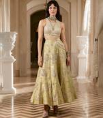 Green embroidered silk skirt set