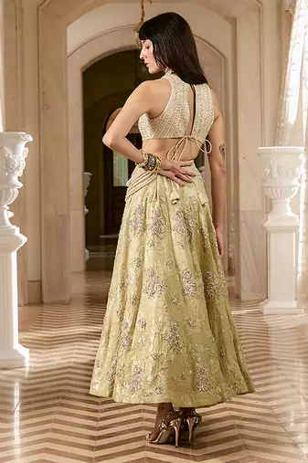 Green embroidered silk skirt set