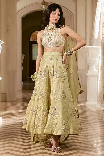 Green embroidered silk skirt set