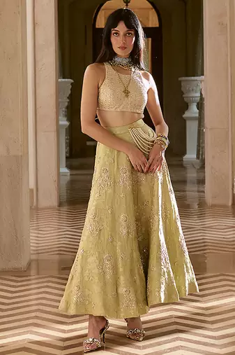Green embroidered silk skirt set