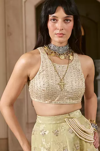 Green embroidered silk skirt set