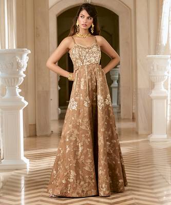 Brown embroidered jacquard jumpsuit 1