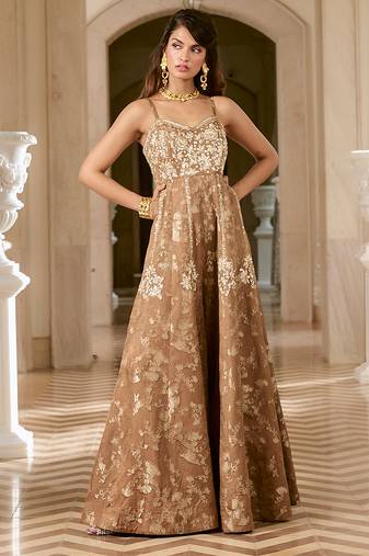 Brown embroidered jacquard jumpsuit