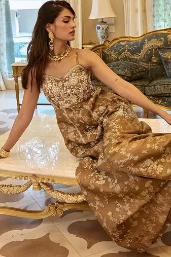 Brown embroidered jacquard jumpsuit