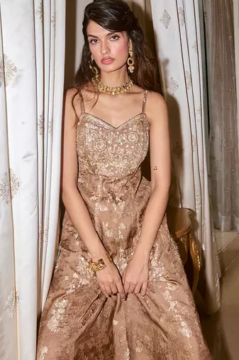 Brown embroidered jacquard jumpsuit