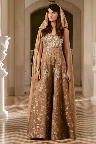 Brown embroidered jacquard jumpsuit