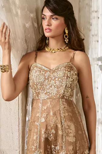 Brown embroidered jacquard jumpsuit