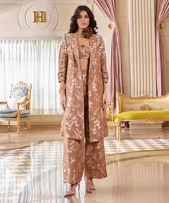 Brown printed jacquard jacket set 1
