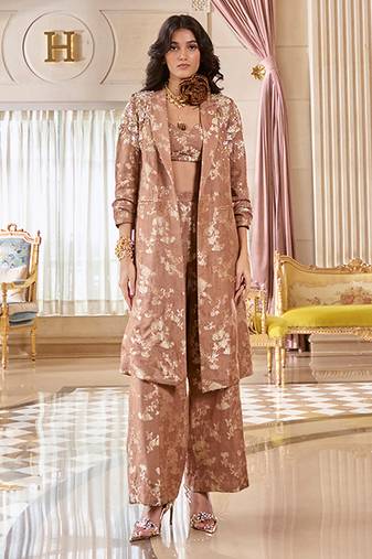 Brown printed jacquard jacket set