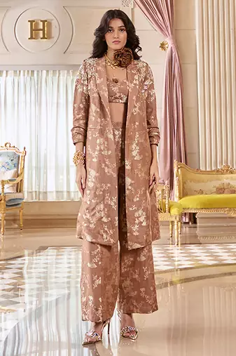 Brown printed jacquard jacket set