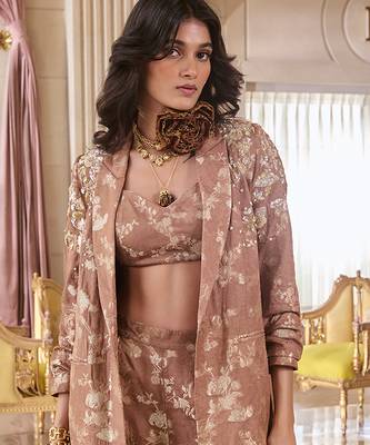Brown printed jacquard jacket set 2