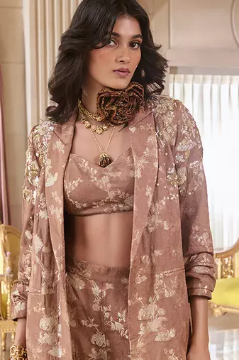 Brown printed jacquard jacket set