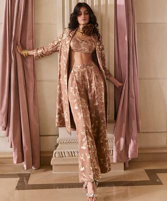 Brown printed jacquard jacket set 3
