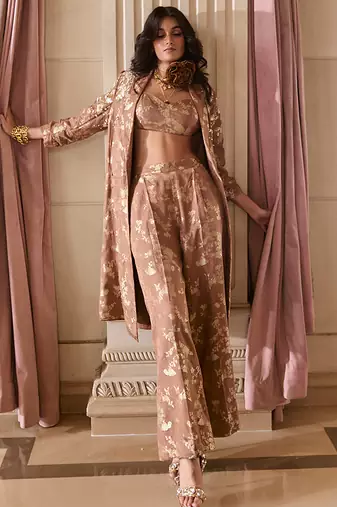 Brown printed jacquard jacket set