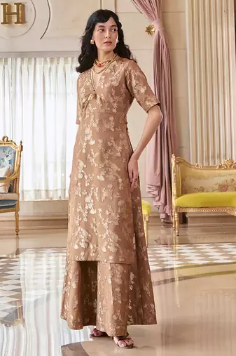 Brown embroidered jacquard kurta set