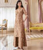 Brown embroidered jacquard kurta set