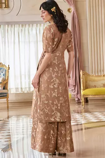 Brown embroidered jacquard kurta set