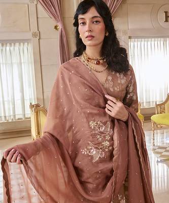 Brown embroidered jacquard kurta set 3