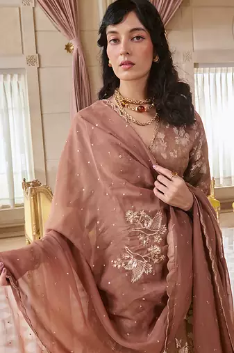 Brown embroidered jacquard kurta set
