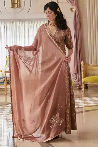 Brown embroidered jacquard kurta set