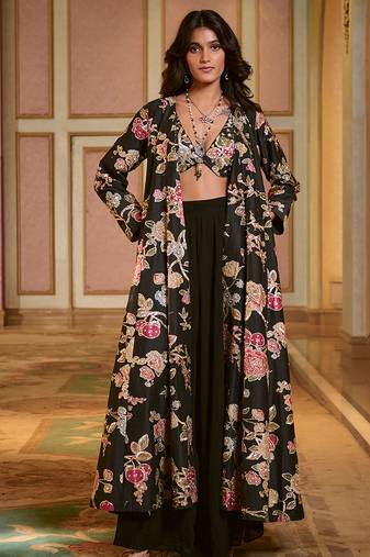Black printed silk jacket set