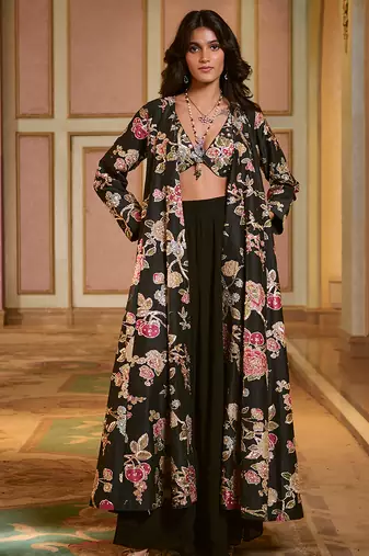 Black printed silk jacket set