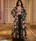 Black printed silk jacket set