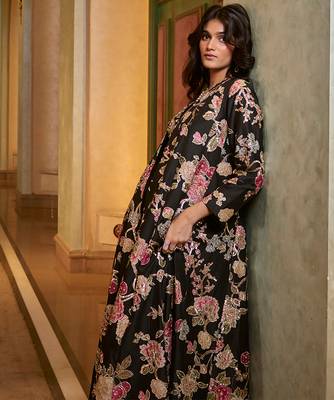 Black printed silk jacket set 2