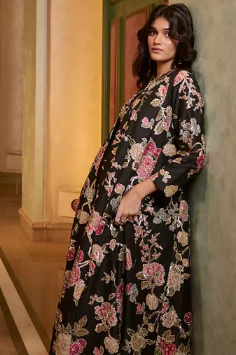 Black printed silk jacket set